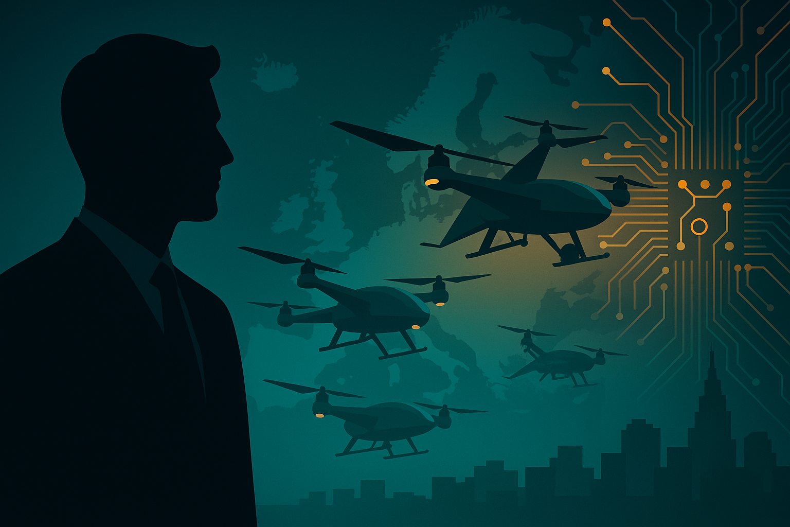 Silhouette of an executive facing military drones over a Europe map with circuit lines, symbolizing defense-AI ties.