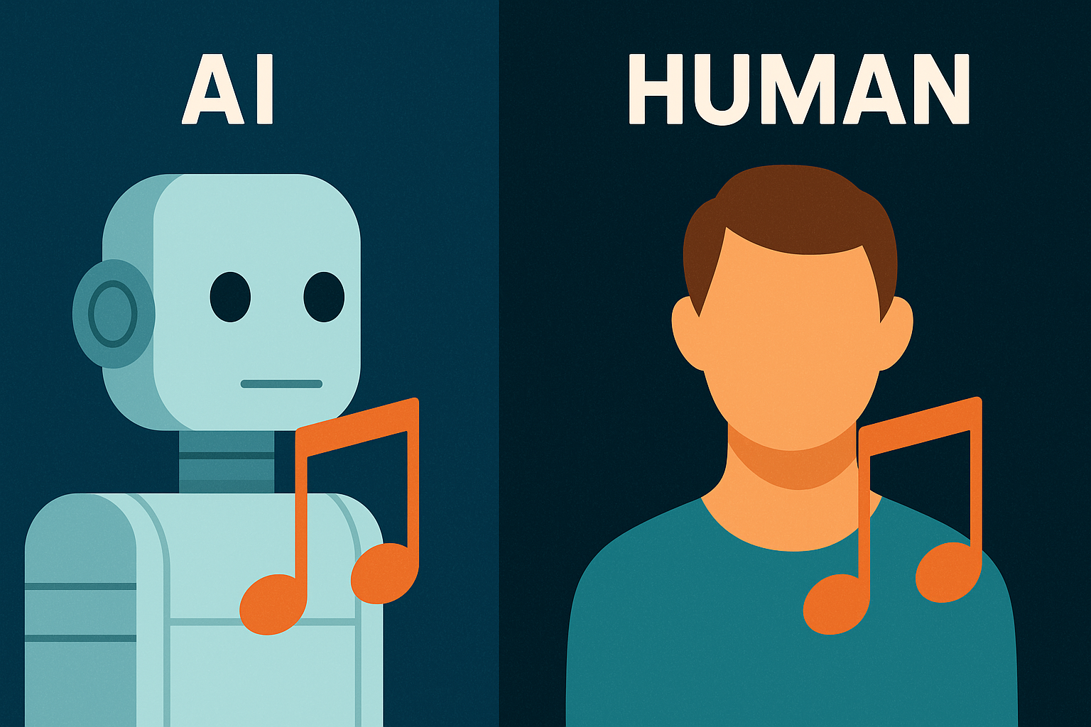Minimal “AI vs HUMAN” comparison with music notes, highlighting synthetic vs. human-made music.